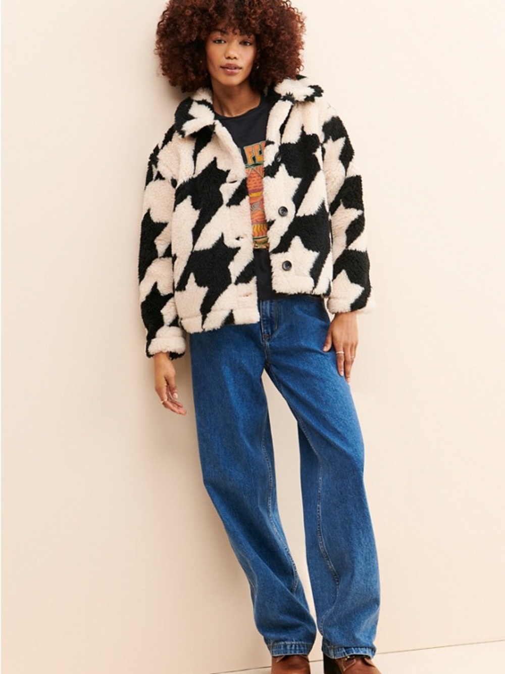 Women’s Black & Cream Faux Shearling Jacket - “Love Birds Houndstooth Coat” - Picture 10 of 10